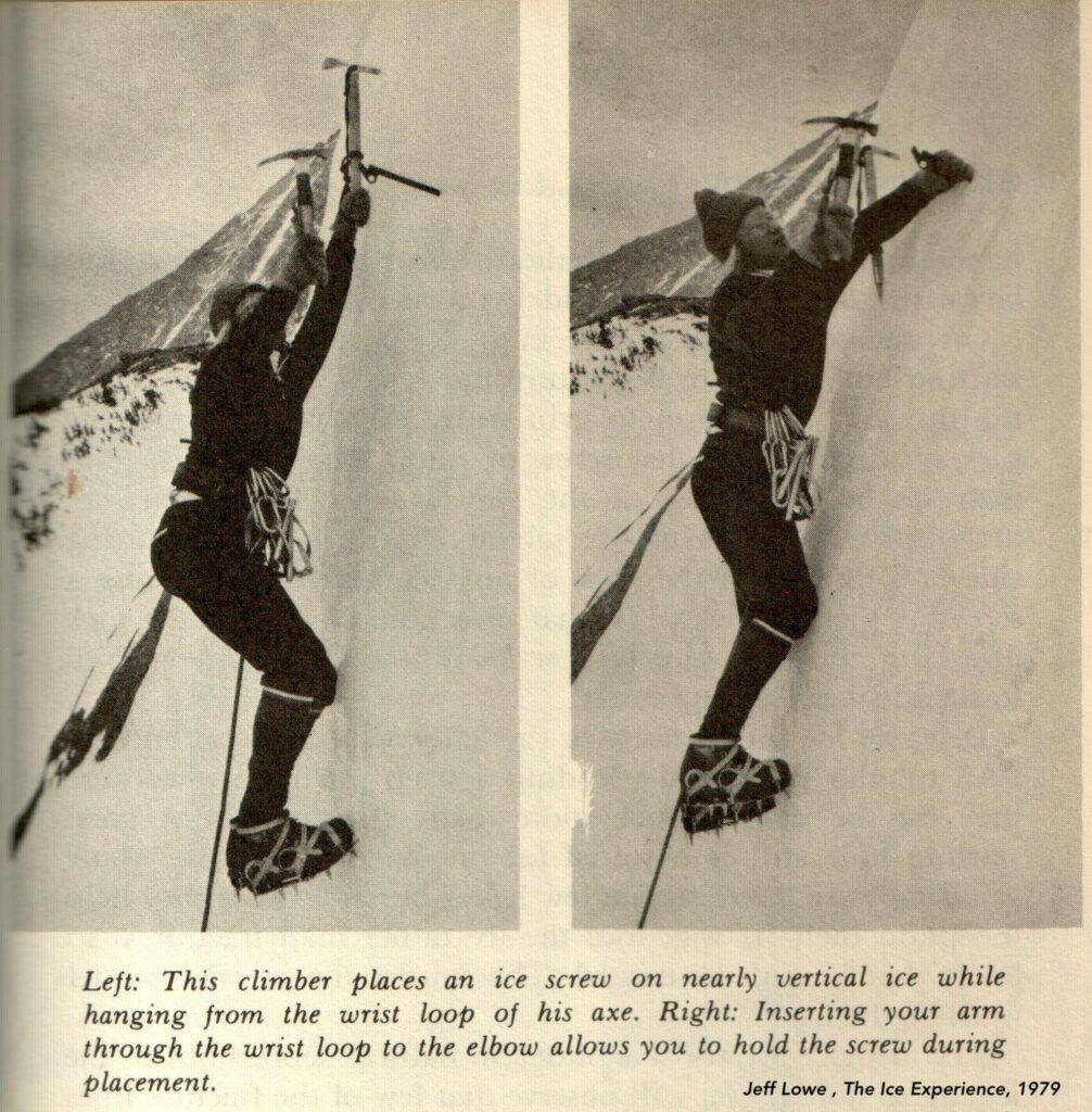 یخ نوردی چیست: تصویری قدیمی از یک یخنورد در سالهای ۱۹۳۵ وقتی که پیچهای یخ‌نوردی هنوز کوبشی بودند.